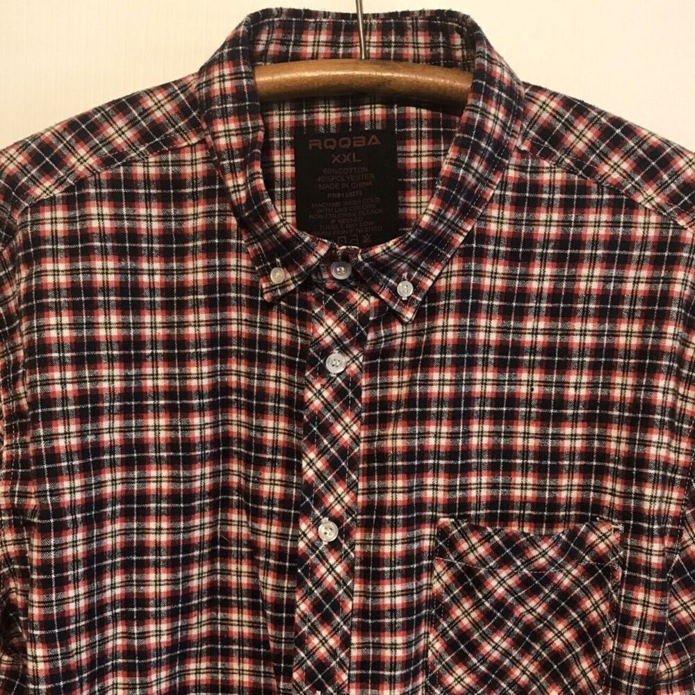 RQQBA Men's XXL Heavy Flannel Shirt Button Down LS Pocket Red Navy White NWOT